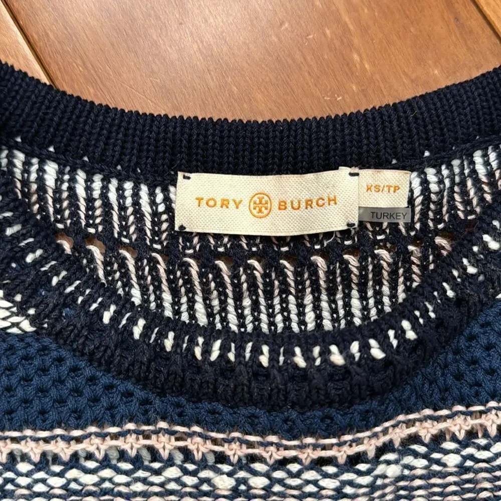 Tory Burch Knit Linen Blend Navy Blue‎ Striped Crochet geometric Top Size XS
